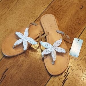Women's White Sandals with Beaded Floral Design